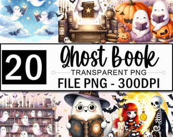 Paquete de imágenes prediseñadas de fantasmas lindos, imágenes prediseñadas PNG de fantasmas lectores, imágenes prediseñadas de fantasmas en la biblioteca, imágenes PNG de fantasmas leyendo, imágenes prediseñadas de fantasmas, 20 diseños PNG