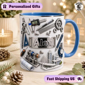 May include: A white ceramic mug with a blue interior and handle, featuring a grid pattern background. The design includes engineering tools like a digital calliper, compass, gears, ruler, and a bridge model. A silver plaque displays the name Alex.