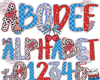 Alphabet American Png Bundle, 4 PNG 4th Of July Font, 250th Anniversary Png, Patriotic Doodle Png, Patriotic Png Bundle, America Bow Png