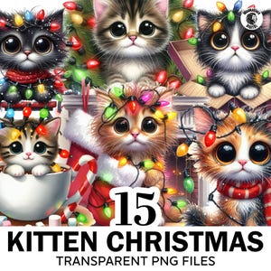 15+ Watercolor Kitten Christmas Lights Clipart, Cats Christmas Png Bundle, Whimsical Christmas Png, High Quality Clipart, Commercial Use