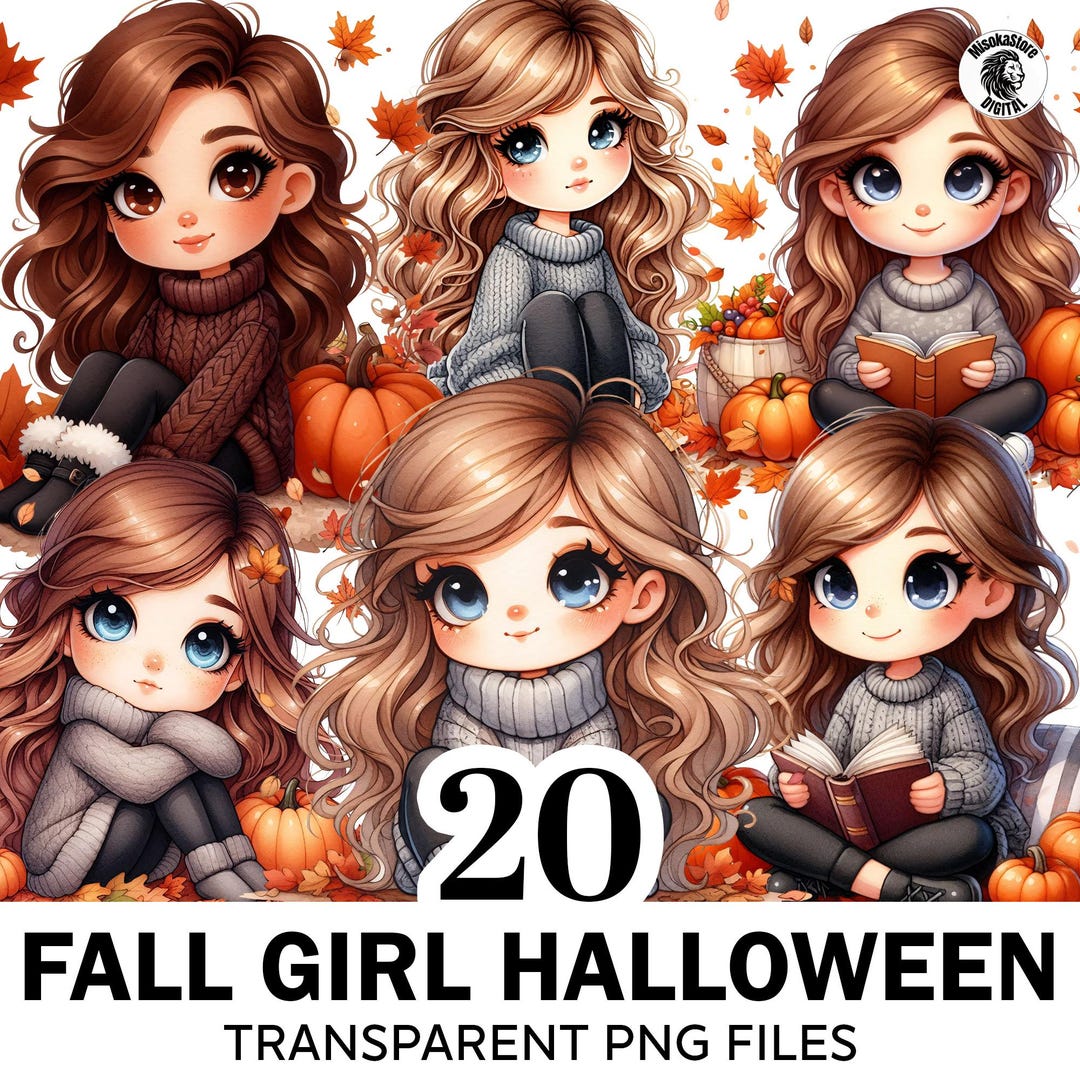 Fall Chibi Clipart Bundle, 20 PNG Cute Girl, Watercolor Autumn Clipart ...