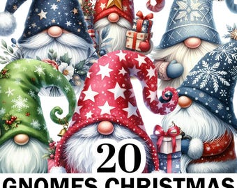 May include: A collection of Christmas gnomes with various hat designs, including stars, snowflakes, and stripes. The gnomes have long white beards and hold gifts. The image includes the text "20 GNOMES CHRISTMAS TRANSPARENT PNG FILES."