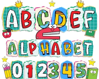 School Alphabet Png Bundle, 4 PNG Preppy Doodle, Back To School Png, Paper Letters Png, Hand Drawn Font Png Bundle, School Png