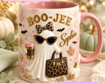 Personalized Boo Jee Mug, Boujee Halloween Design, Leopard Ghost Coffee Mug, Trendy Boujee Fall Gift, Custom Name Leopard