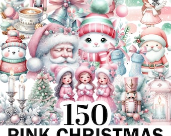 Plus de 150 cliparts de Noël rose aquarelle, Noël rose père Noël Png Bundle, Png de Noël rose menthe, des cliparts de haute qualité, usage Commercial