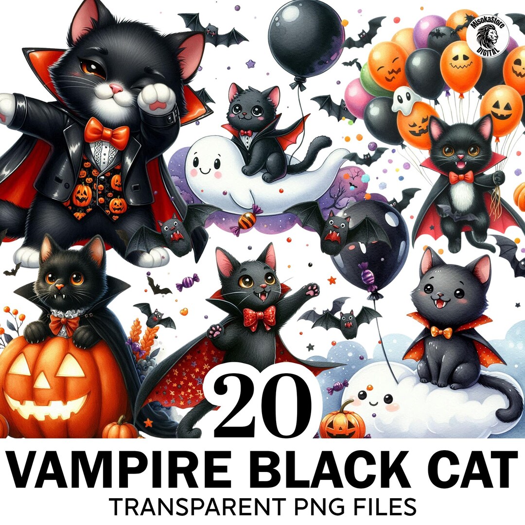 Watercolor Vampire Black Cat Clipart Bundle, 20 PNG Cute Halloween ...
