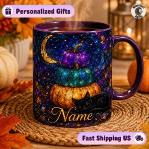 Personalized Pumpkin Stack Mug, Stained Glass Pumpkin Design, Black Cat Autumn Coffee Mug, Fall Season Gift, Black Cat Autumn Night