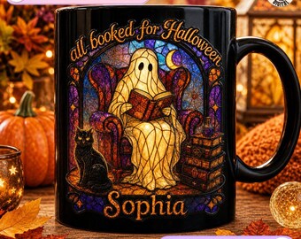 Personalized Stained Glass Mug, Halloween Cat Book Design, Booked Ghost Coffee Mug, Spooky Reading Gift, Custom Name Black