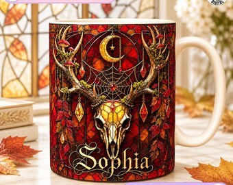 Custom Witchy Name Mug, Autumn Spider Web Pattern Design, Mosaic Animal Skull Coffee Mug, Forest Magic Gift, Pagan Nature Aesthetic