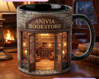 Custom Bookstore Name Mug, 3D Library Shop Coffee Mug, Personalized Book Store Name Mug, Cozy Fireplace Reading Mug, Bookworm Gift Gift