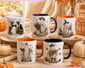 Personalized Ghost Activities Mug, Halloween Booked Design, Cute Ghost Set Coffee Mug, Spooky Autumn Gift, Custom Name Witch