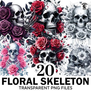 Floral Skeleton Clipart Bundle, 20 PNG Skulls Flowers, Halloween Skull Clipart, Skeleton Png, Floral Skull Clipart, Gothic Png