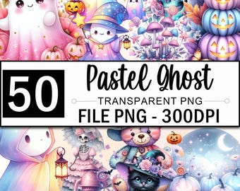 Pode incluir: Uma coleção digital de 50 arquivos PNG transparentes de fantasmas em tons pastel com ilustrações de fantasmas, abóboras, caveiras, cogumelos, um urso de pelúcia e um gato preto com chapéu, com o texto 50 Pastel Ghost Transparent PNG File PNG 300DPI.