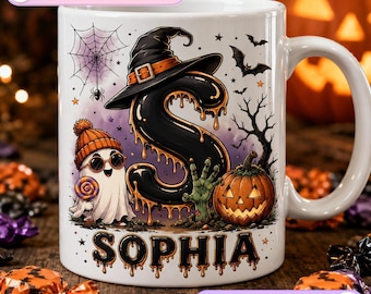 Halloween Letter Personalized Mug, Dripping Ghost Witch Coffee Mug, Spooky Pumpkin Bat Name Mug, Halloween Name Mug, Halloween Lover Gift
