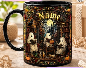 Personalized Reading Ghost Mug, Stained Glass Library Design, Spooky Season Coffee Mug, Halloween Reader Gift, Spooky Book Club