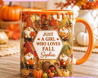 Personalized Fall Gnome Mug, Autumn Lover Design, Just a Girl Who Loves Fall Coffee Mug, Fall Season Gift, Thanksgiving Gnome