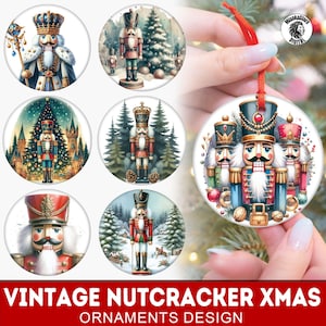 May include: Vintage Christmas ornaments featuring nutcracker designs. The ornaments are round and white, with various illustrations of nutcrackers in different uniforms and settings. The text "VINTAGE NUTCRACKER XMAS ORNAMENTS DESIGN" is at the bottom.