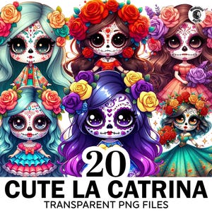 Könnte beinhalten: Digitale Illustration mit sechs niedlichen La Catrina-Charakteren mit Zuckerschädel-Make-up, Blumenkränzen und farbenfrohen Kleidern. Das Bild enthält den Text "20 CUTE LA CATRINA TRANSPARENT PNG FILES".