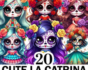 May include: A digital illustration featuring six cute La Catrina characters with sugar skull makeup, flower crowns, and colorful dresses. The image includes the text "20 CUTE LA CATRINA TRANSPARENT PNG FILES".