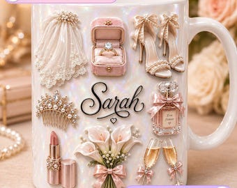Bride Personalized Mug, Pearl Wedding Glam Engraved Coffee Mug, Bridal Champagne Ring Veil Mug, Wedding Name Mug, Bride Lover Gift