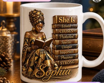 Personalized She Is Strong Mug, African Woman Lover Design, Custom Black Queen Coffee Mug, Black Woman Birthday Gift, Book Affirmation Name
