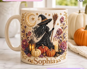 Personalize Witch Pumpkin Mug, Witchy Potion Candle Design, Spooky Cute 3D Diamond Coffee Mug, Halloween Magic Gift, Fall Witch