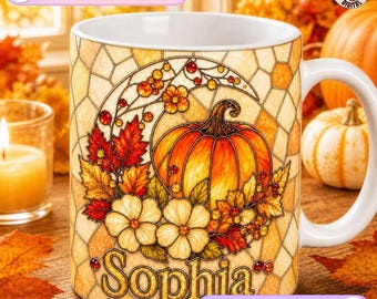 Personalized Stained Glass Pumpkin Mug, Fall Floral Design, Custom Name Pumpkin Coffee Mug, Thanksgiving Gift, Autumn Leaves