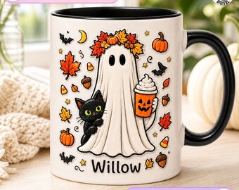 Personalized Ghost Cat Mug, Pumpkin Latte Ghost Design, Willow Halloween Coffee Mug, Fall Halloween Gift, Custom Name Kids