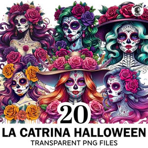 La Catrina dag van de doden clipartbundel, 20 png Día de Los Muertos, chicano-clipart, suikerschedel png, Mexicaanse clipart, bloemenpng