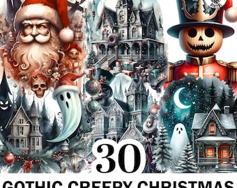 30+ Watercolor Gothic Creepy Christmas Clipart, Spooky Dark Christmas Png Bundle, Winter Holiday Png, High Quality Clipart, Commercial Use