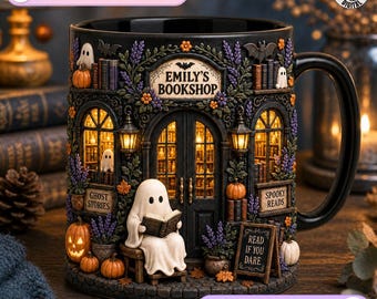 Personalized Bookshop Mug, Spooky Reads Ghost Design, Custom Name Bookshop Coffee Mug, Halloween Reading Gift, Custom Name Black