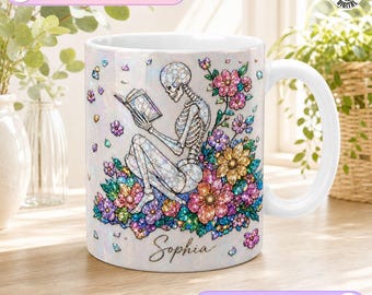 Personalized Skeleton Mug, Gemstone Skeleton Book Design, Floral Reading Coffee Mug, Bookworm  Gift, Custom Name Flower