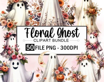 Pacchetto di clipart di fantasmi di pizzo, clipart di fantasmi floreali ad acquerello in formato PNG, clipart con atmosfera autunnale, fantasmi carini in formato PNG, clipart floreali autunnali in stile boho, 50 PNG