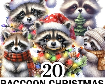 Más de 20 imágenes prediseñadas de mapaches navideños en acuarela, paquete de PNG de animales bebés, PNG de animales navideños, imágenes prediseñadas de alta calidad, uso comercial.