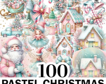 100+ Watercolor Pastel Christmas Clipart, Pastel Pink Turqoise Png Bundle, Coquette Christmas Png, High Quality Clipart, Commercial Use