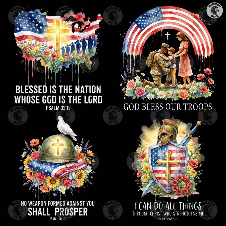 May include: A digital graphic set featuring four patriotic designs. One shows a US map with a cross and soldiers, another a soldier with family under a flag arch, a third a helmet with a dove, and the fourth a shield with a cross and sword.