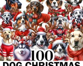 May include: A digital illustration featuring various dog breeds dressed in Christmas attire. The dogs wear Santa hats, reindeer antlers, and festive sweaters. The text "100 DOG CHRISTMAS TRANSPARENT PNG FILES" is displayed at the bottom.
