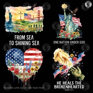 May include: A digital graphic set featuring four patriotic designs: a landscape with the Statue of Liberty, American flag, and soldiers; the Statue of Liberty with an eagle and flowers; a heart-shaped American flag with flowers and a cross; and two hands reaching toward a cross with flowers and flag ribbons.