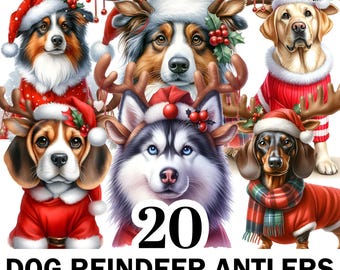 May include: A digital illustration featuring seven dogs dressed in festive Christmas attire. Each dog wears a Santa hat and reindeer antlers. The dogs are various breeds, including a Beagle, Husky, and Dachshund. Text at the bottom reads "20 DOG REINDEER ANTLERS TRANSPARENT PNG FILES."