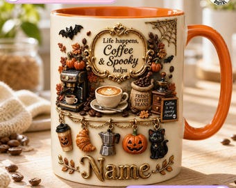 Personalized Coffee Lover Mug, Spooky Halloween Charm Design, Life Happens Coffee Mug, Fall Coffee Gift, Custom Name Pumpkin