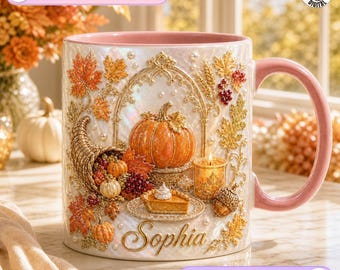 Personalized Name Thanksgiving Mug, Thanksgiving Pumpkin Design, Elegant Pearl Cornucopia Coffee Mug, Thanksgiving  Gift, Fall Harvest