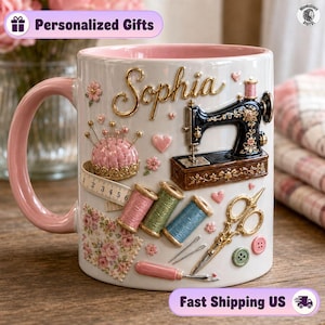 Vintage Sewing Machine Mug, Pink Thread Scissor Coffee Mug, Cottagecore Craft Name Mug, Rose Pincushion Tailor Mug, Seamstress Crafter Gift