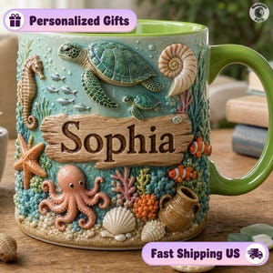 Taza con relieve 3D del océano, taza de café con tortuga marina y pulpo, taza con caballito de mar costero y estrella de mar, taza con concha de pez payaso de arrecife de coral, regalo para amantes del océano