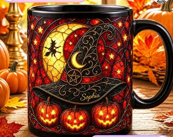 Custom Harvest Fan Name Mug, Carved Pumpkins Design, Glasswork Coffee Coffee Mug, Trick Or Treat Night Gift, Classic Witch Hat Scene