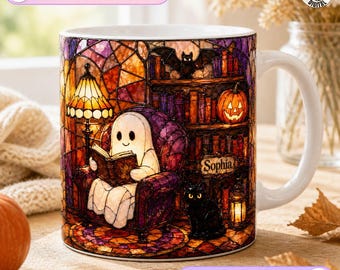 Personalized Stained Glass Reading Mug, Halloween Cat Lover Design, Ghost Reading Coffee Mug, Autumn Reading Gift, Custom Name Book