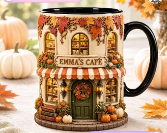 Personalized Café Shop Mug, Fall Bakery Storefront Design, Bakery Storefront Coffee Mug, Cozy Autumn Gift, Custom Name Miniature