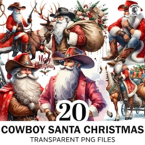 20+ Watercolor Cowboy Santa Christmas Clipart, Wild West Western Png Bundle, Christmas Santa Claus Png, High Quality Clipart, Commercial Use