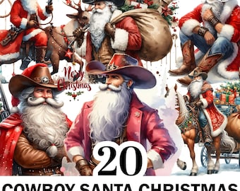 20+ aquarel cowboy santa kerst clipart, wilde westen westerse png-bundel, kerst kerstman png, hoge kwaliteit clipart, commercieel gebruik