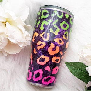 Neon Leopard Glitter Tumbler | Bright Rainbow Animal Print Cup | Bold & Sassy Gift for Her | Custom Colorful Stainless Steel Tumbler