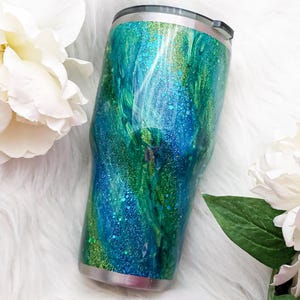 Ocean Swirl Glitter Tumbler | Blue & Green Epoxy Cup | Sea-Inspired Stainless Steel Tumbler | Handmade Sparkly Tumbler | Glitter Tumbler
